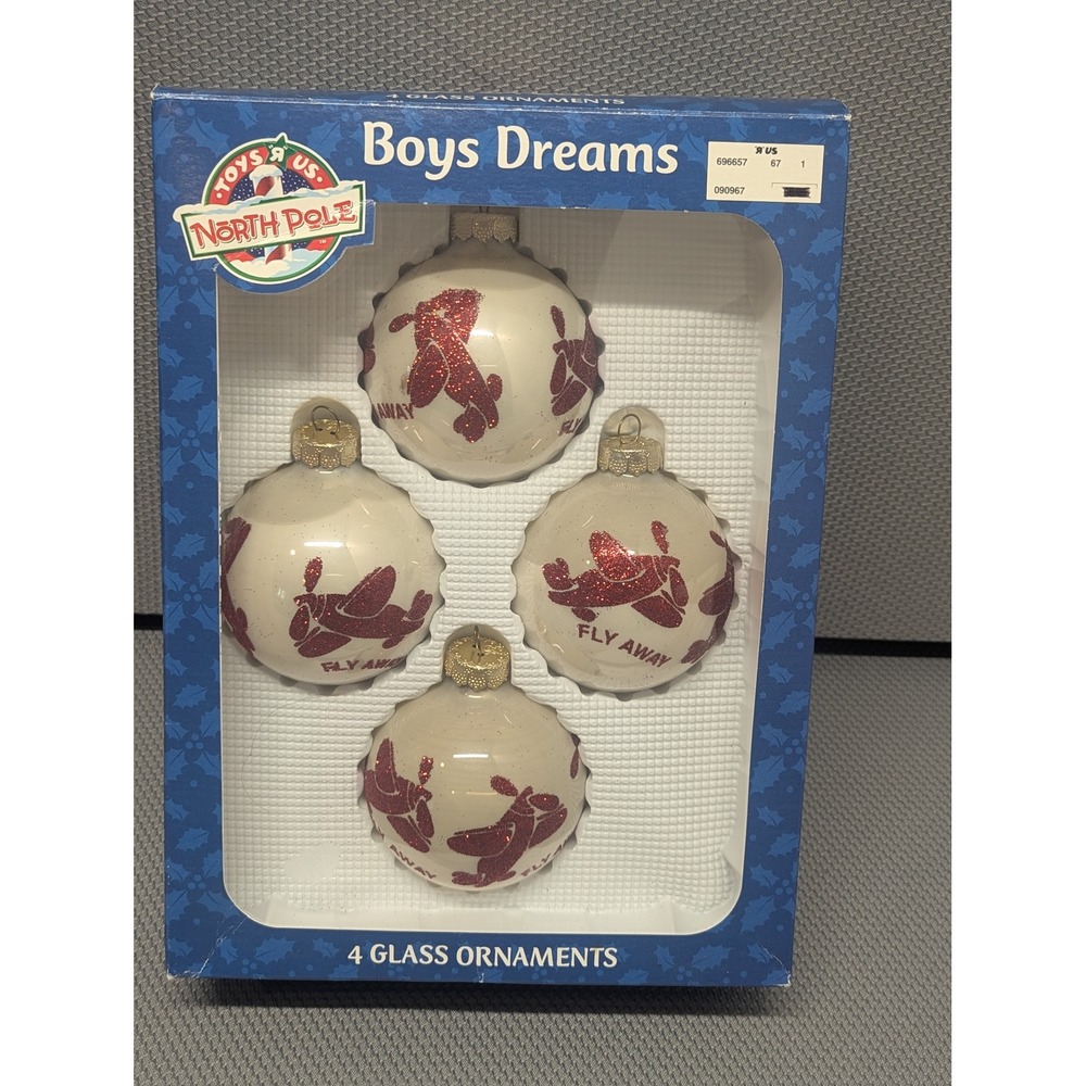 VTG Toys R Us North Pole Boys Dreams Airplane Glass Ornaments Red Glitter 4pk